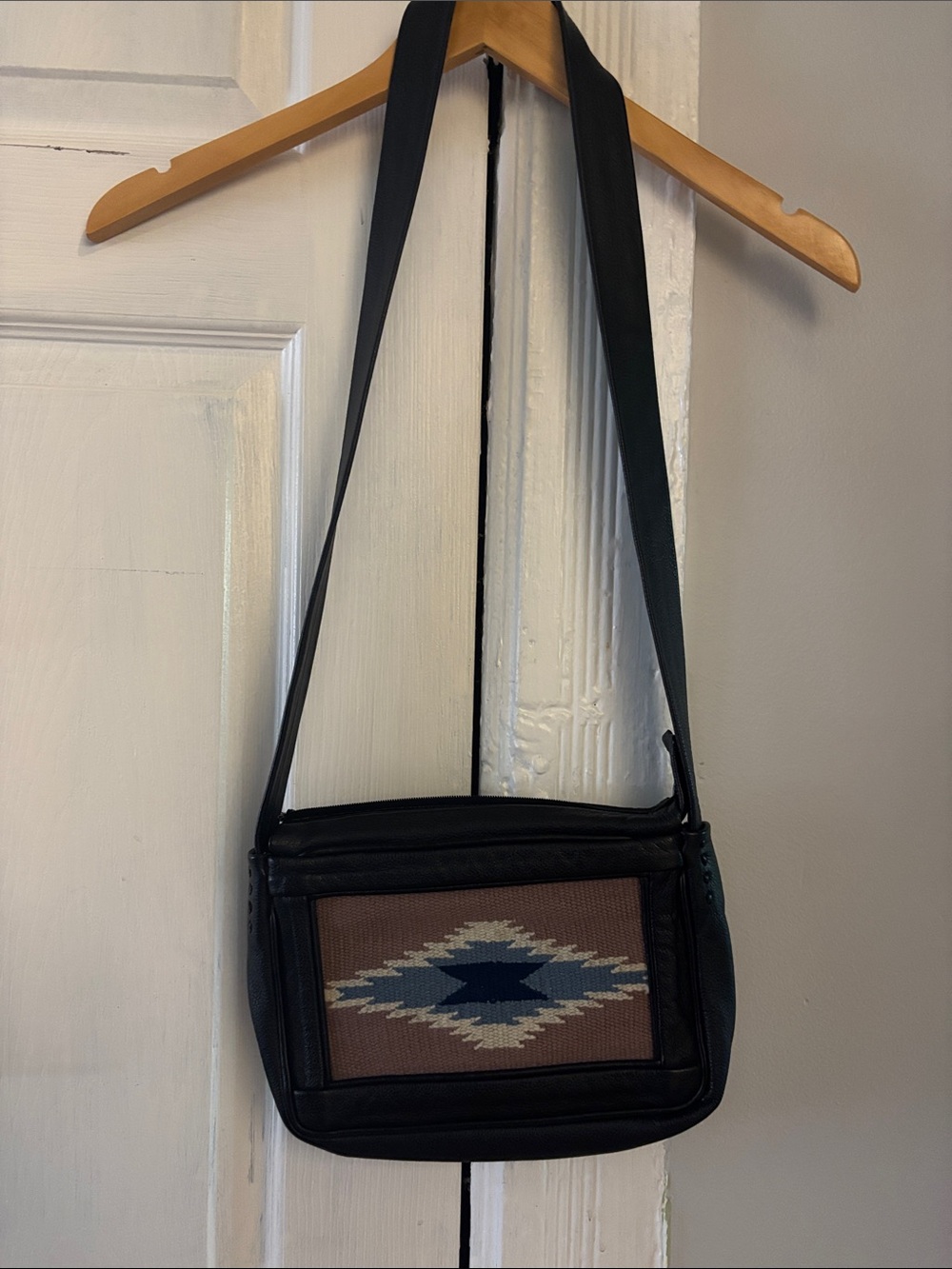 Southwestern Pattern leather Black Crossbody Bag